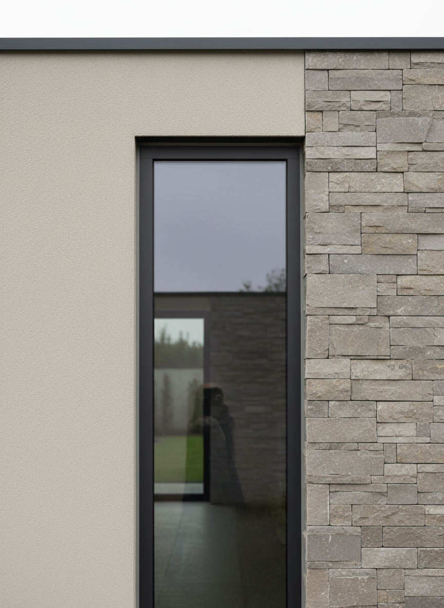 A detailed close-up of a section of an elegant villa façade, highlighting premium construction materials and careful execution. The image focuses on the junction between a textured light-beige plaster wall, natural stone cladding, and a large insulated window with a dark aluminum frame. The edges are crisp and perfectly aligned, with clean silicone seals and flawless transitions between surfaces. Soft, diffused daylight from an overcast sky eliminates harsh shadows, allowing textures to be clearly visible. Shot straight-on with a shallow depth of field that subtly blurs the background, the composition centers on the craftsmanship and material quality. The photographic realism, neutral color scheme, and precise lines create a refined, corporate look that communicates attention to detail, durability, and high residential comfort standards.