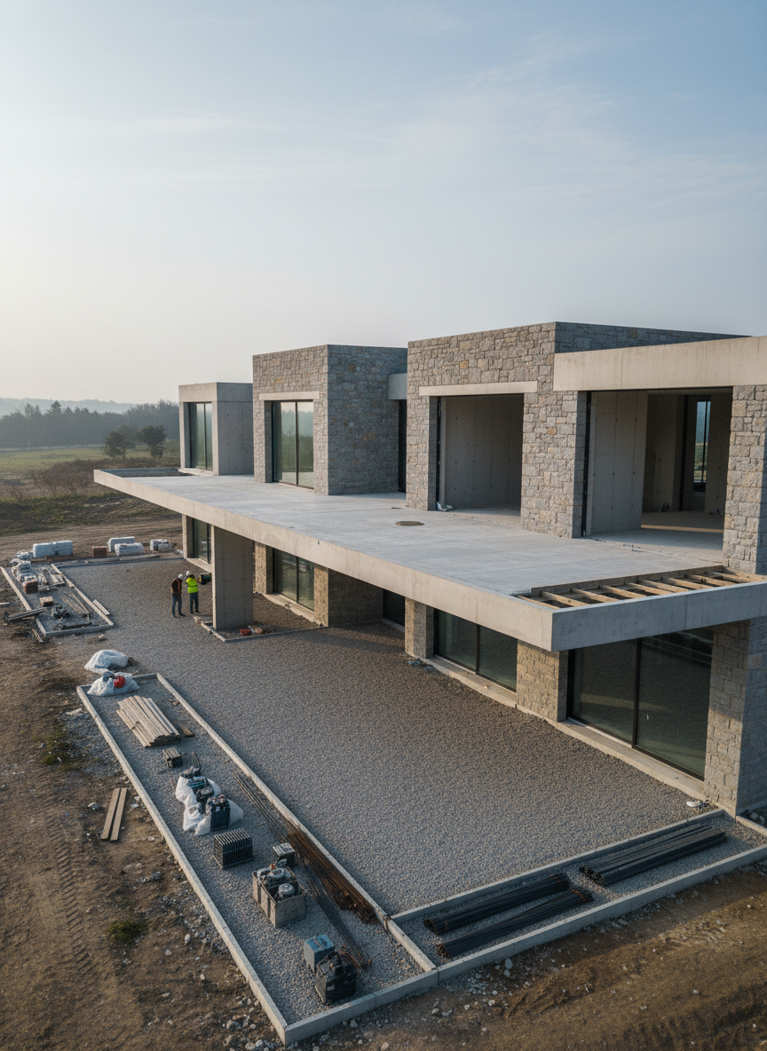 A high-end residential villa under construction, showcasing a modern concrete and natural stone structure with large floor-to-ceiling window openings and an expansive covered terrace. Smooth, freshly poured concrete slabs and precision-laid stone cladding highlight impeccable craftsmanship. The site is meticulously organized, with tools and materials aligned along the edges, leaving a clear, structured central space. Early morning diffused sunlight illuminates the surfaces, creating subtle reflections on the glass and soft shadows along the walls. Shot from a slightly elevated angle with sharp focus throughout, the image exudes a calm, orderly, and professional atmosphere. The photographic style is clean and modern, with a balanced composition that underscores comfort, durability, and the premium nature of the future living spaces.
