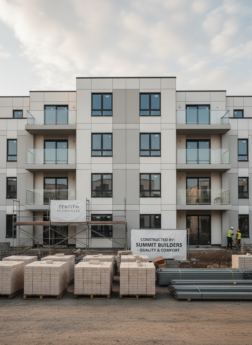 A contemporary residential construction site featuring a nearly completed three-story apartment building with clean white and light gray facades, large rectangular windows, and spacious balconies with minimalist metal railings. In the foreground, neatly stacked pallets of light-colored bricks, organized scaffolding, and precisely arranged structural beams create a sense of order and professionalism. The scene is bathed in soft late-afternoon natural light under a slightly overcast sky, producing gentle shadows and even illumination. Captured at eye level with a wide-angle lens, the composition emphasizes symmetry and straight lines, conveying stability, reliability, and modern comfort. The photographic realism, neutral color palette, and uncluttered environment reinforce a corporate, trustworthy construction company aesthetic focused on quality residential living.