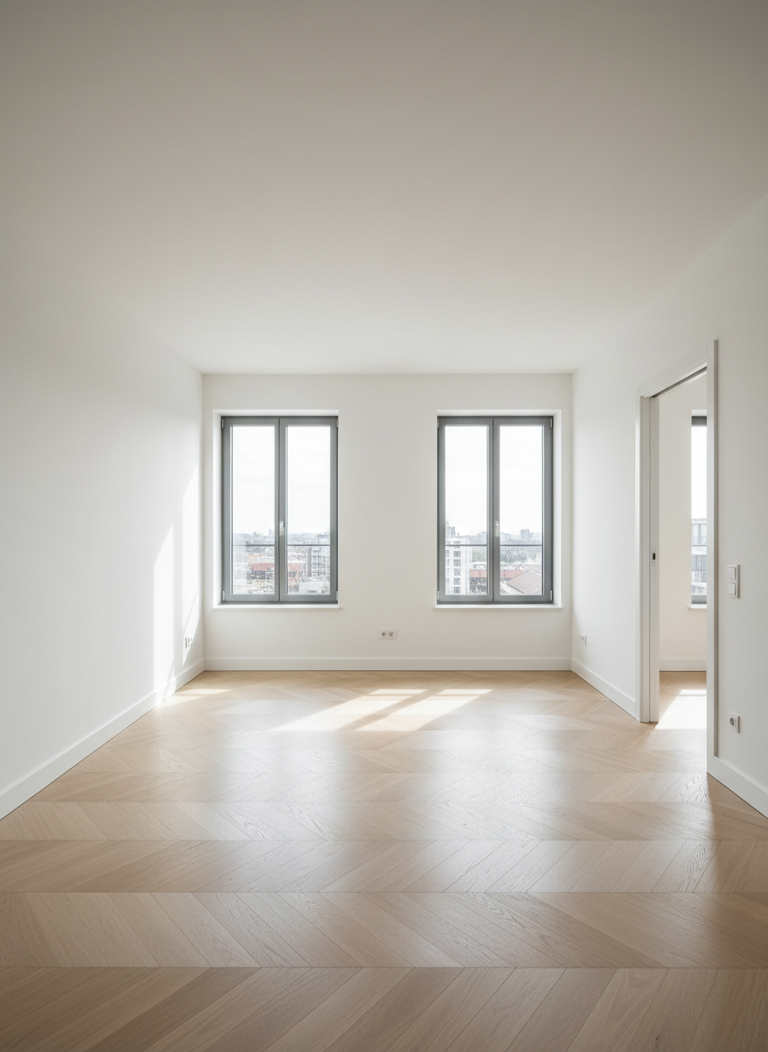 A bright, spacious interior of a newly finished apartment living room, emphasizing comfort and build quality rather than furniture. Smooth, perfectly painted white walls, large double-glazed windows with sleek aluminum frames, and a flawless light oak parquet floor define the space. Sunlight filters softly through the windows, casting elongated, gentle shadows on the floor and emphasizing the room’s generous proportions. Subtle details like precise baseboard alignment, even gaps around door frames, and immaculate ceiling finishes showcase construction excellence. Captured at eye level with a wide-angle perspective and sharp focus, the composition follows a clean, minimalist aesthetic with neutral tones. The mood is serene, inviting, and reassuring, visually communicating residential comfort and meticulous building standards for a professional construction company.